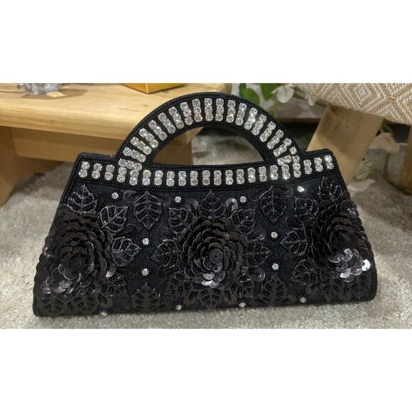Elegant Black Evening Clutch With Rhinestone Handle & Floral Sequins - Picture 1 of 6